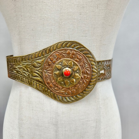 Vintage Brass & Copper Etched Metal Belt  Red Cabochon Centerpiece Made in India main image 13